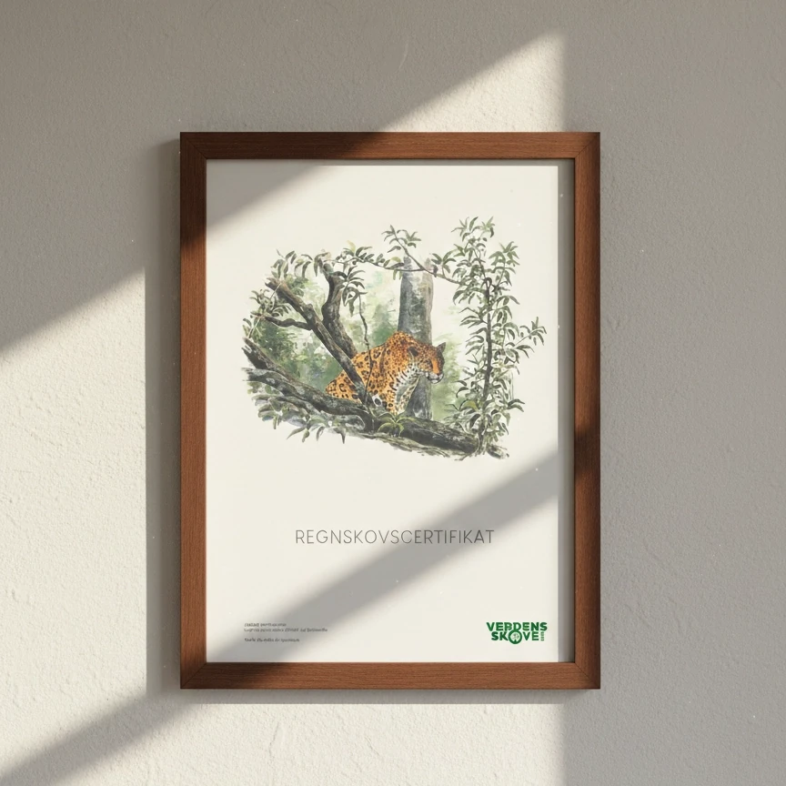 Certifikat med tekst om køb af regnskov og illustration af tæt grøn tropisk skov, som hænger på en væg