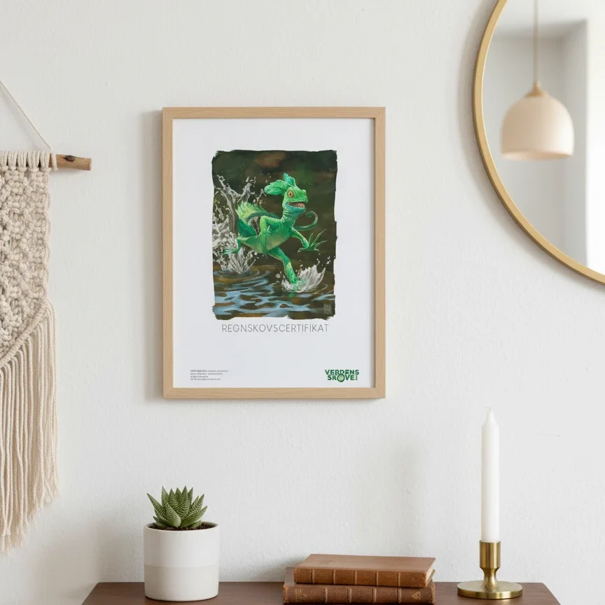 Regnskovscertifikat med grøn basilisk som symbolisere beskyttelse af regnskoven