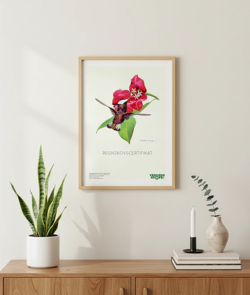 Certifikat med farverig colibri, der svæver over Amazonas flod og tropisk regnskov