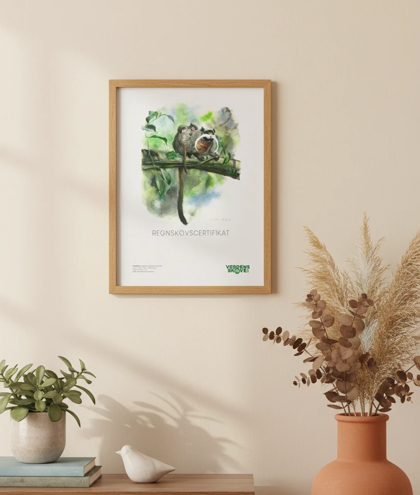 Certifikat med tamarin ved Amazonas floden, omgivet af tæt grøn regnskov