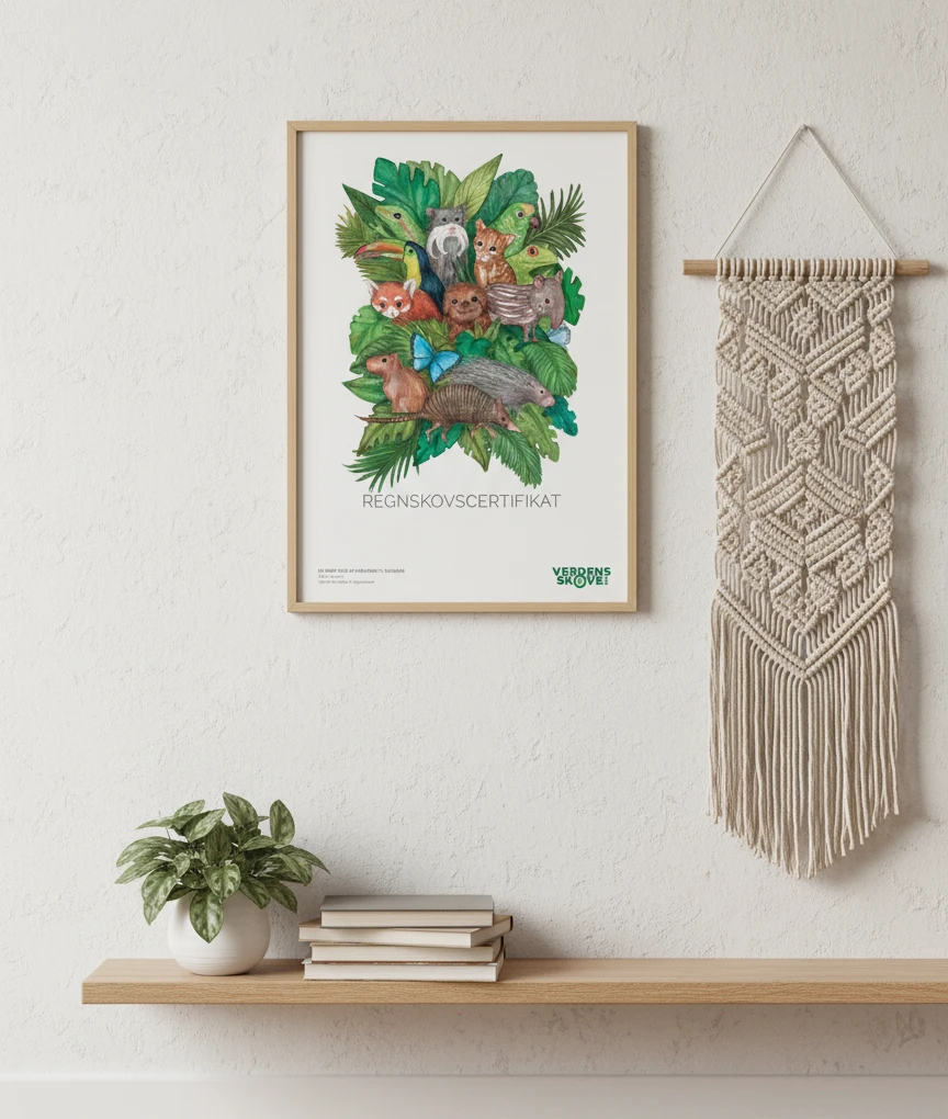 Amazonas regnskov certifikat som grønt certifikat med illustration af tæt tropisk regnskov og bred flod