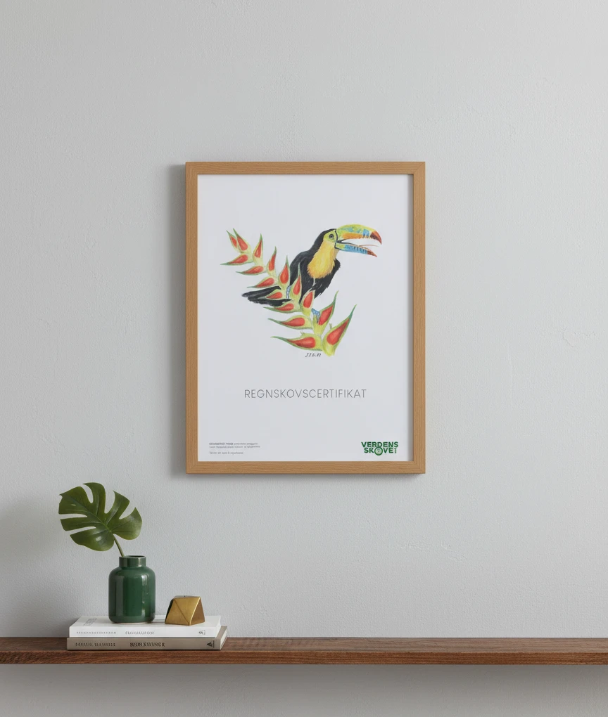 Billedet viser et skovbevis med en farverig tukan i tæt regnskov, og bruges til at illustrere, hvilke dyr der lever i regnskoven.