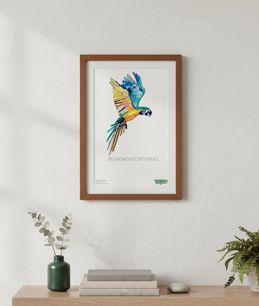 Billedet viser et skovbevis med en blågul ara omgivet af tropisk regnskov, og bruges til at illustrere, regnskov dyr, og hvorfor deres levesteder skal bevares.