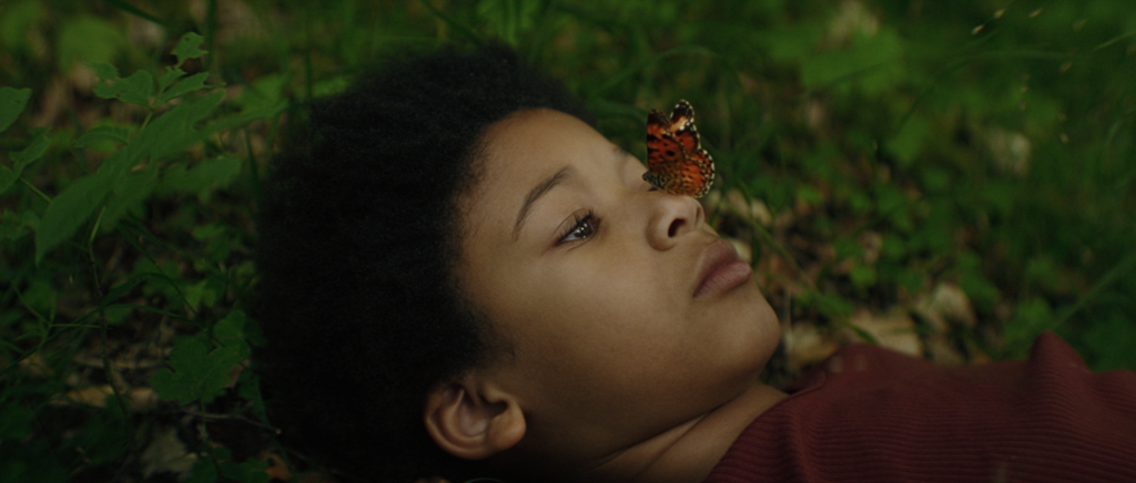 Barn med sommerfugl på næsen